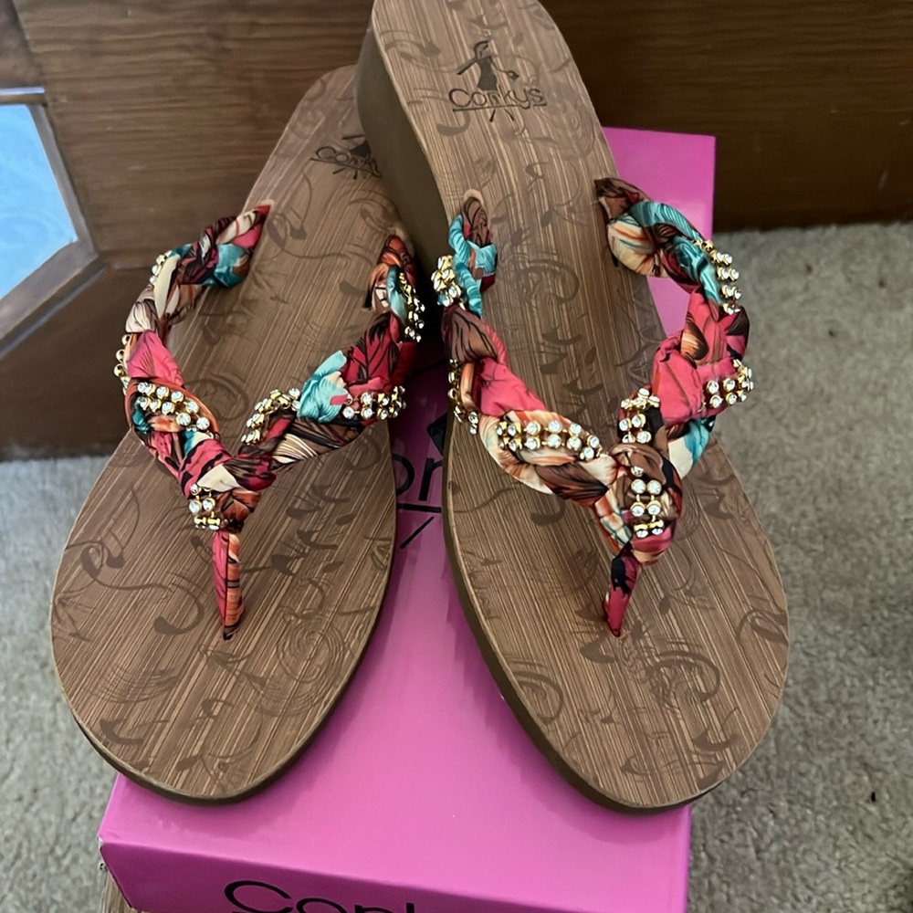 Corky’s Rust Multi colored Risqué flip flops. Size 11